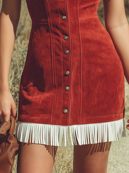 Retro Western-style Lapel Color-block Fringed Suede Mini Dress