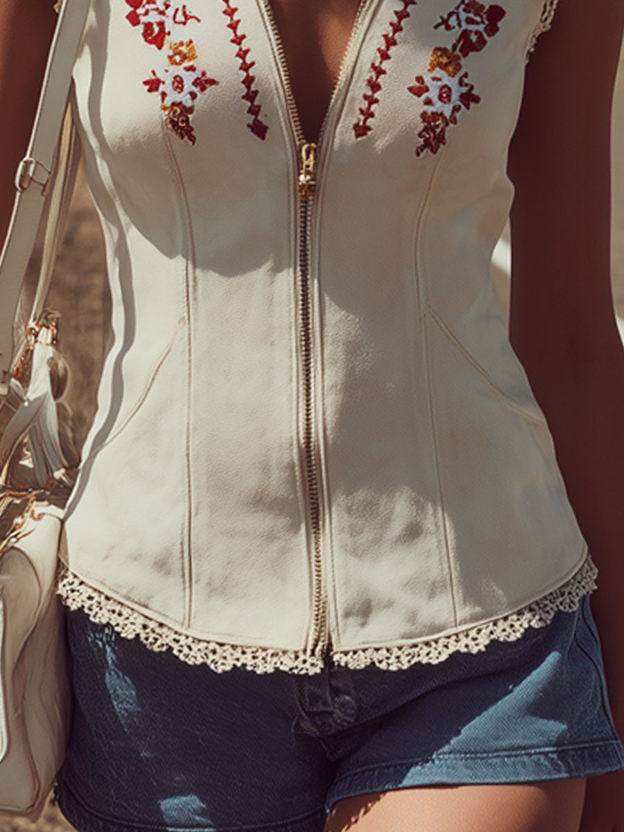 Western Bohemian Misty Embroidered Off-White Faux Suede Lace Vest