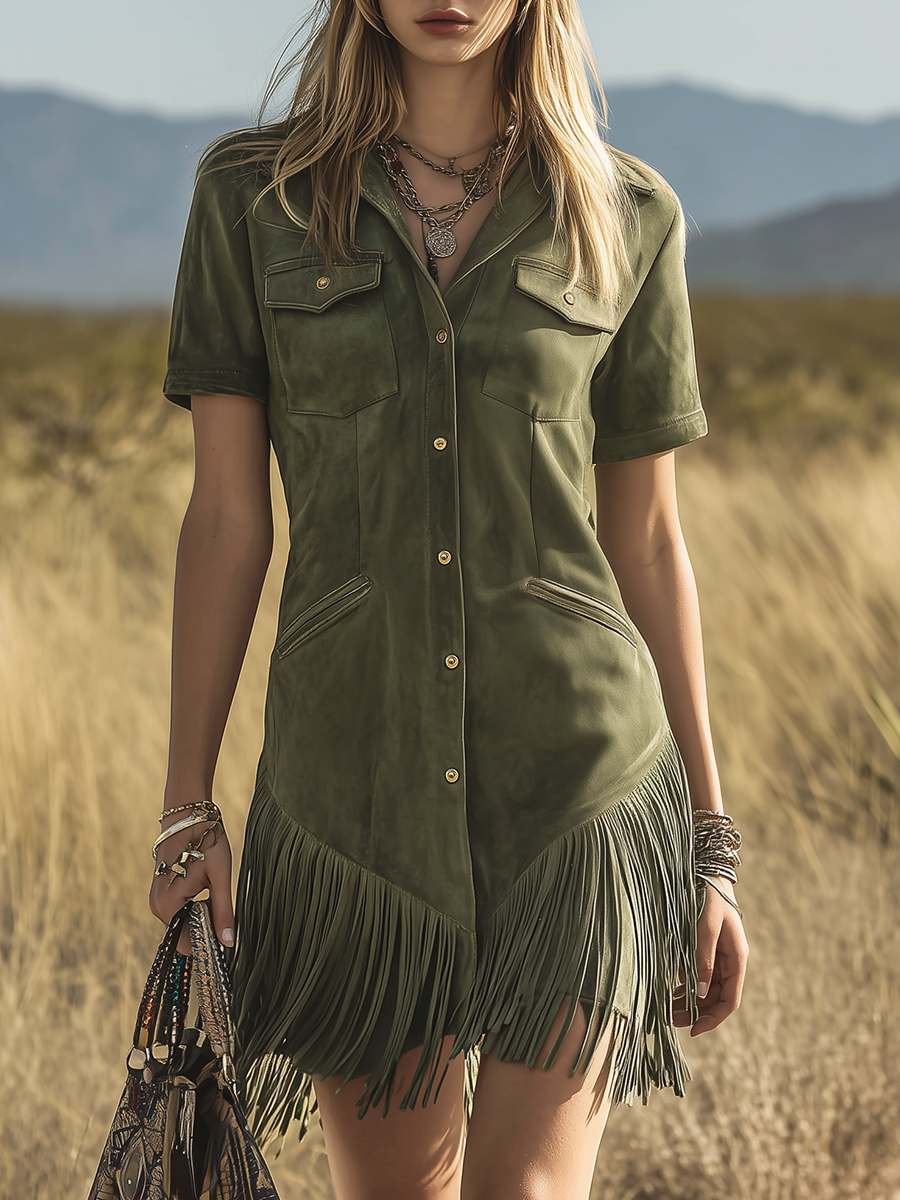 Retro Western-style Lapel Short-sleeved Multi-pocket Faux Suede Mini Dress