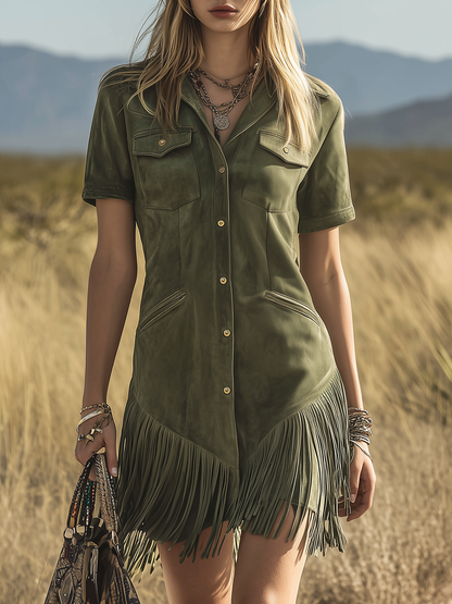 Retro Western-style Lapel Short-sleeved Multi-pocket Faux Suede Mini Dress