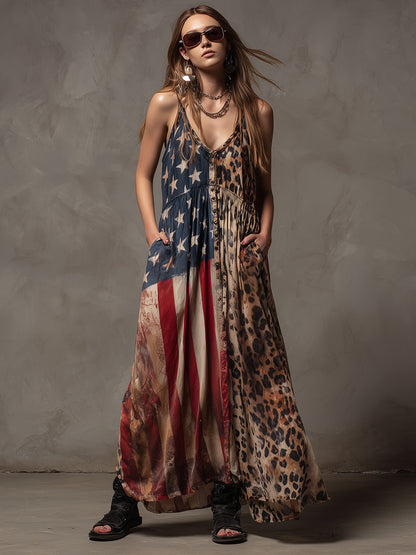 Vacation Retro American Flag Leopard Print Chiffon Sleeveless Maxi Dress