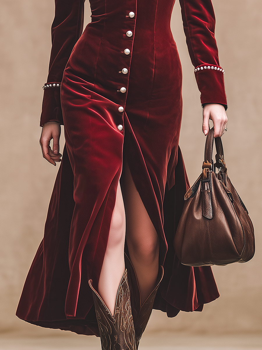 Retro Chic Pearl-trimmed Velvet Midi Dress
