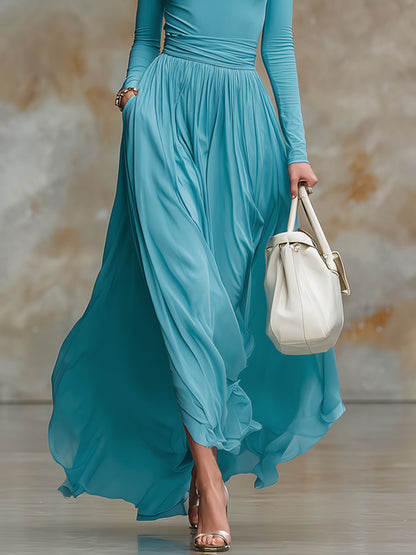 Fashionable Retro Long-sleeved Lake Blue Cotton Chiffon Maxi Dress