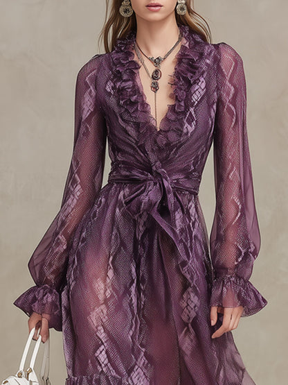 Western Retro Long-Sleeved Snake Print Purple Chiffon Ruffle Maxi Dress