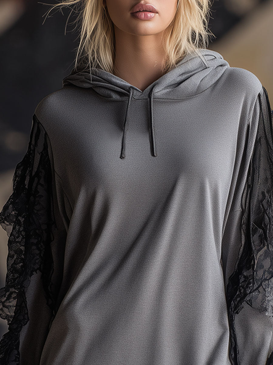 Loose-fitting Hooded Lace-trimmed Long-sleeved Sporty Mini Dress