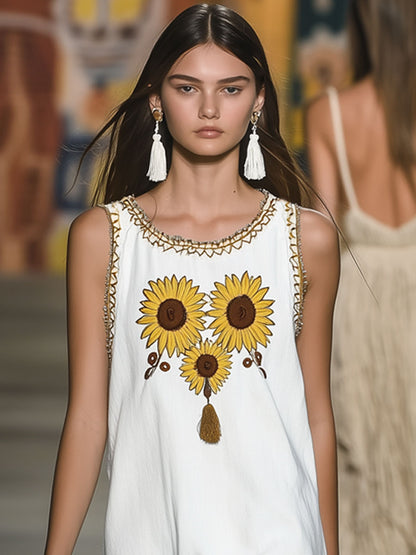 Casual Loose Vintage Sunflower Embroidery White Denim Tassel Mini Dress