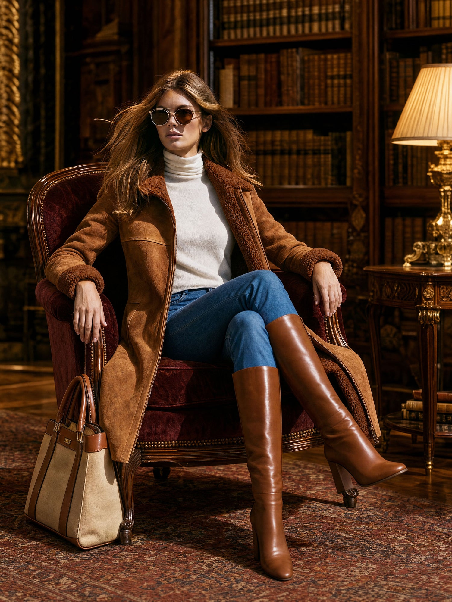 Casual Retro Fleece-lined Camel-colored Faux Suede Mid-length Coat