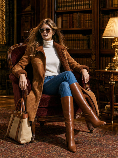 Casual Retro Fleece-lined Camel-colored Faux Suede Mid-length Coat