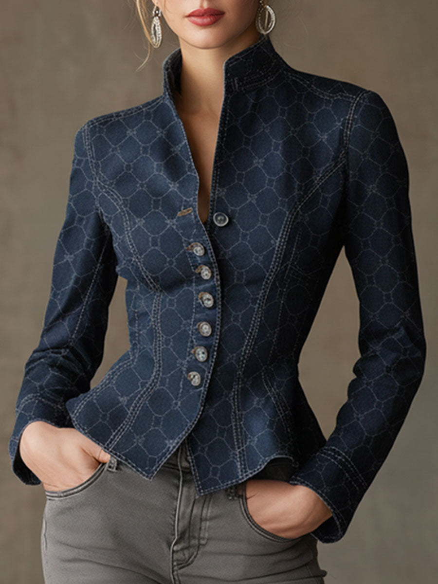 Fashionable Retro Geometric Print Navy Denim Jacket