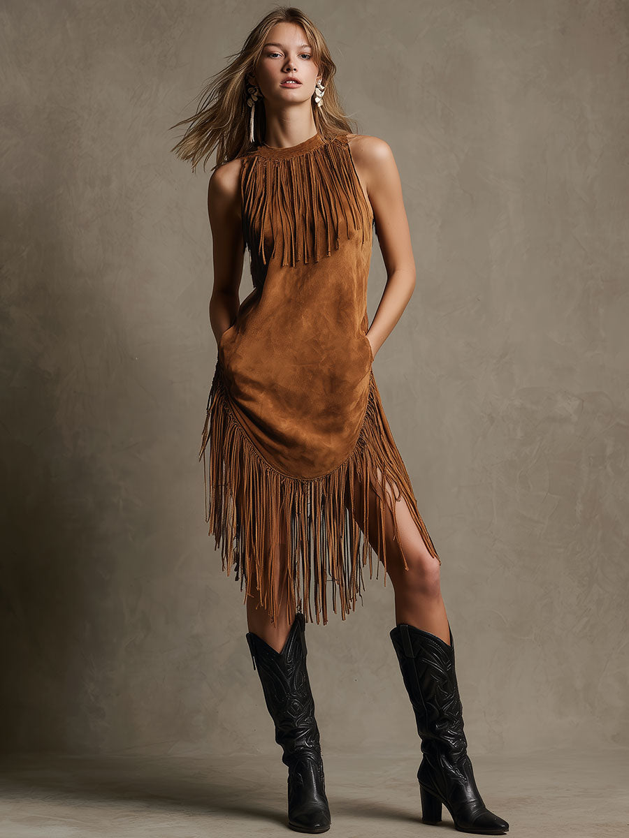 Western Retro Tassel Caramel Brown Round Neck Sleeveless Midi Dress