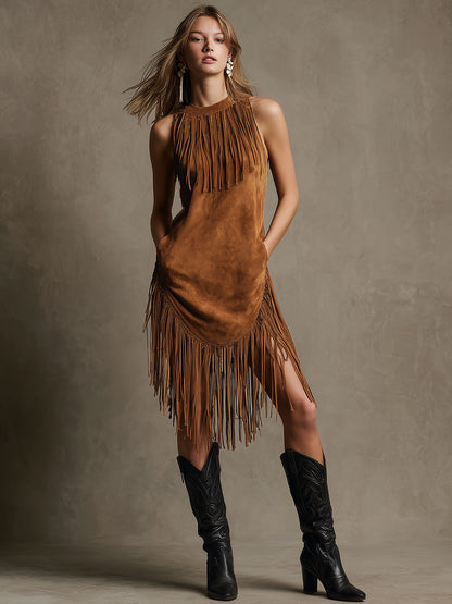 Western Retro Tassel Caramel Brown Round Neck Sleeveless Midi Dress