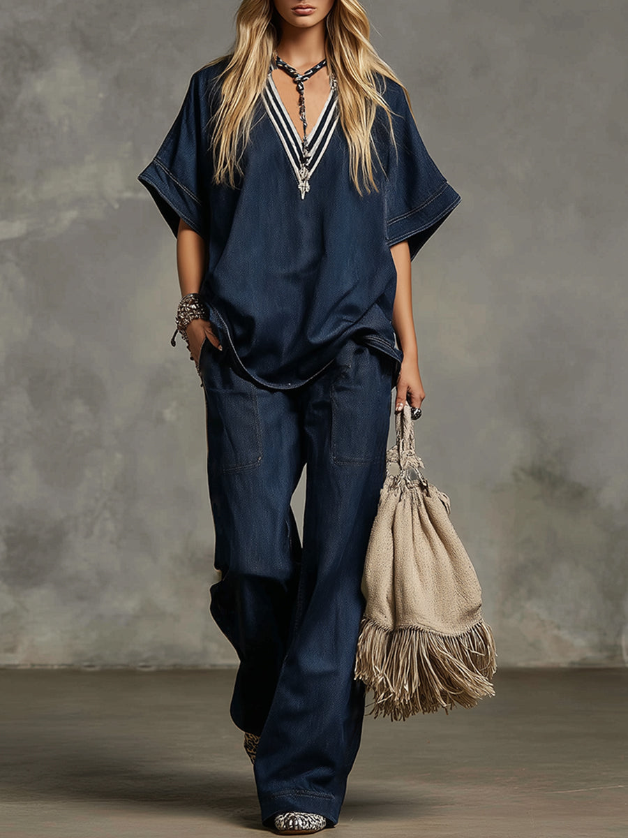 Casual And Stylish Striped V-neck Dark Blue Denim T-shirt And Wide-leg Pants Set