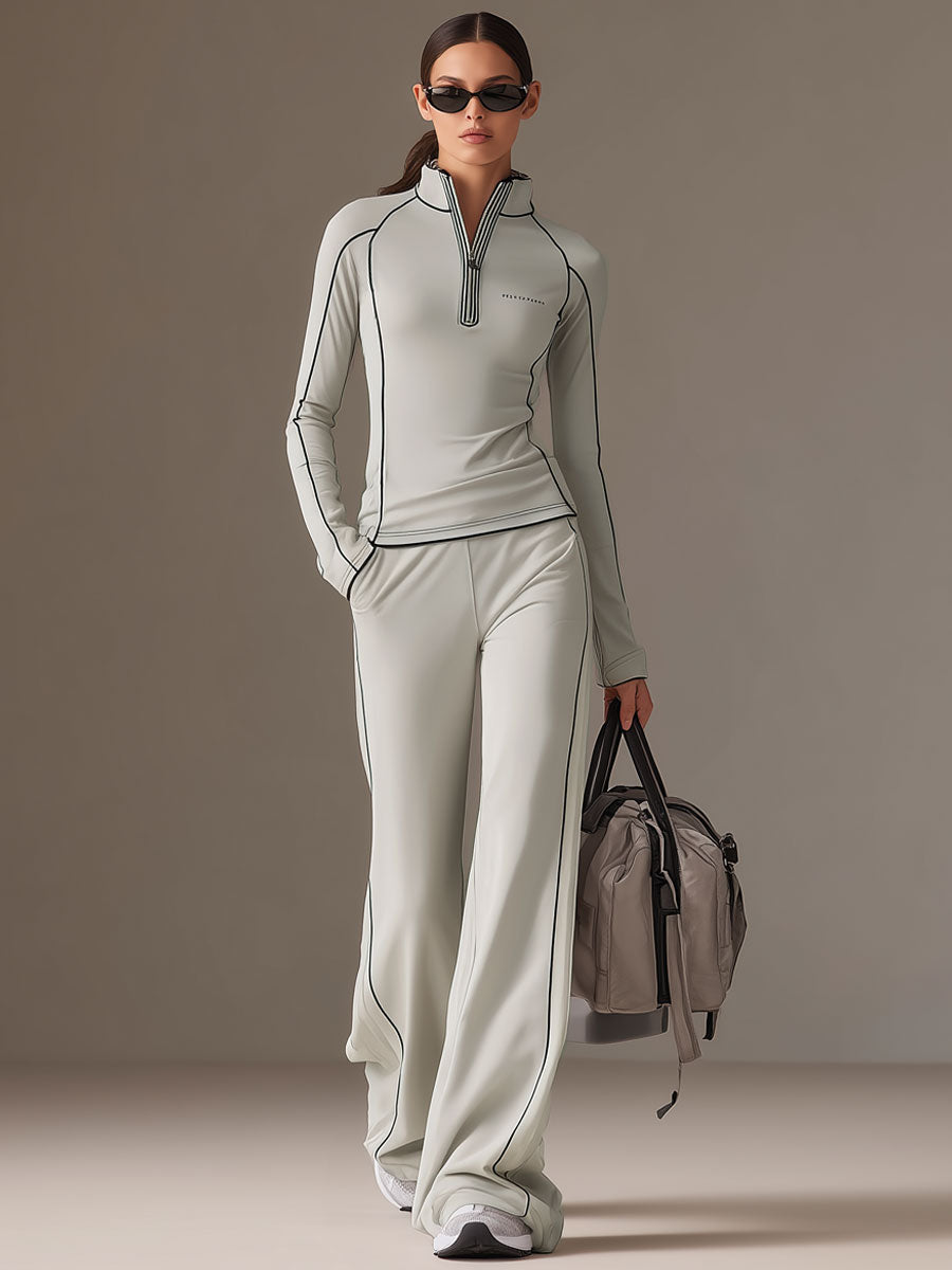 Sports Yoga Piping Gray-Green Lycra Sweatshirt And Wide-Leg Pants Set
