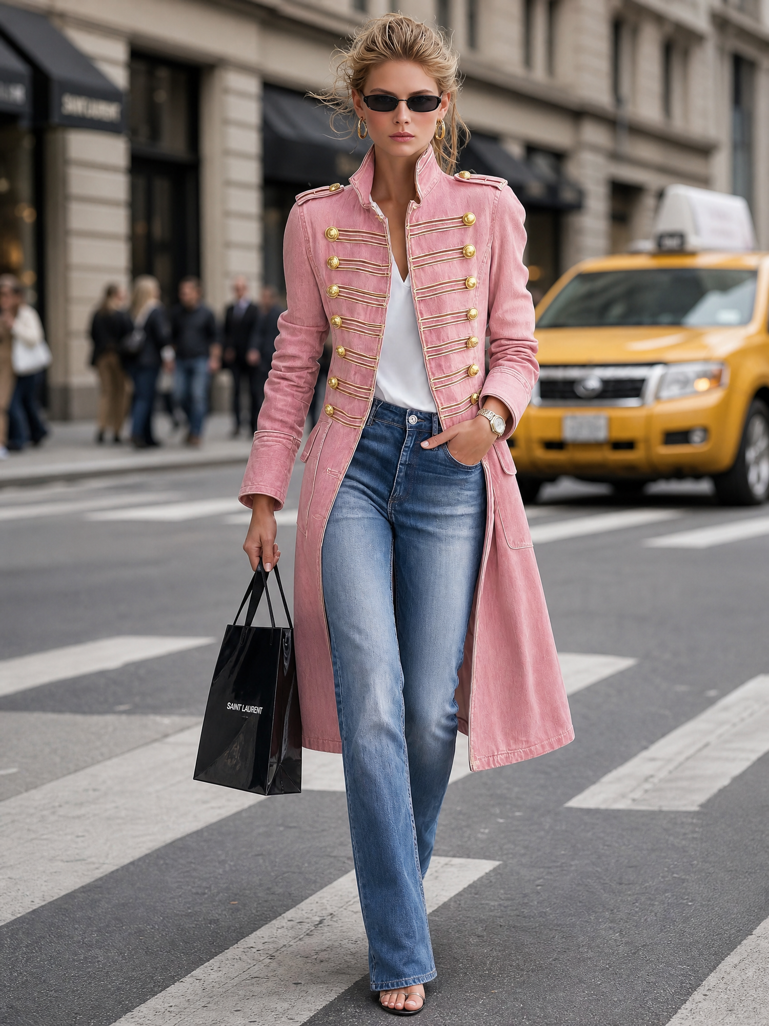 Vintage Washed Denim Military Officer Longline Gold-Button Fitted Statement Coat Women