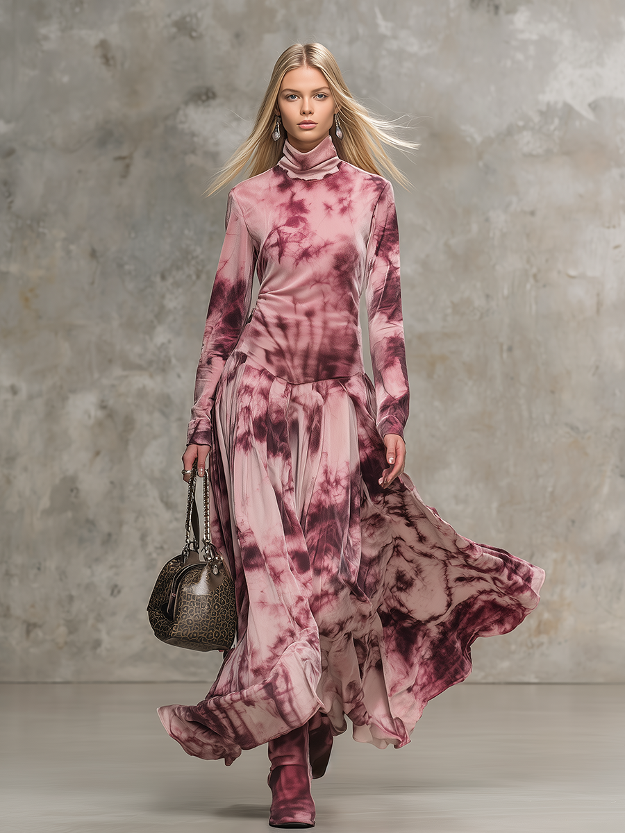 Retro Tie-dye Print High-neck Faux Suede Maxi Dress