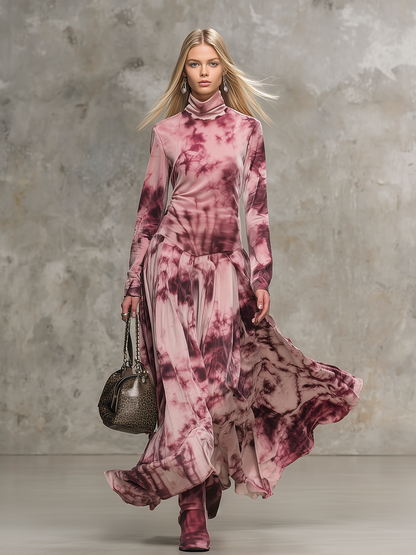 Retro Tie-dye Print High-neck Faux Suede Maxi Dress