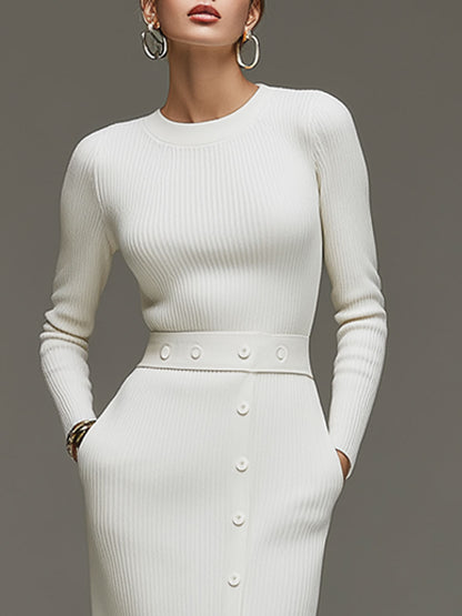 Fashionable Retro White Knitted Long-sleeved Slit Midi Dress