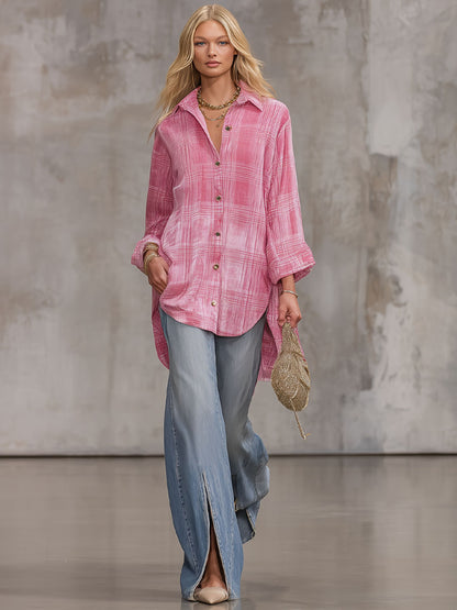 Loose-fitting Pink Plaid Velvet Long-sleeved Shirt