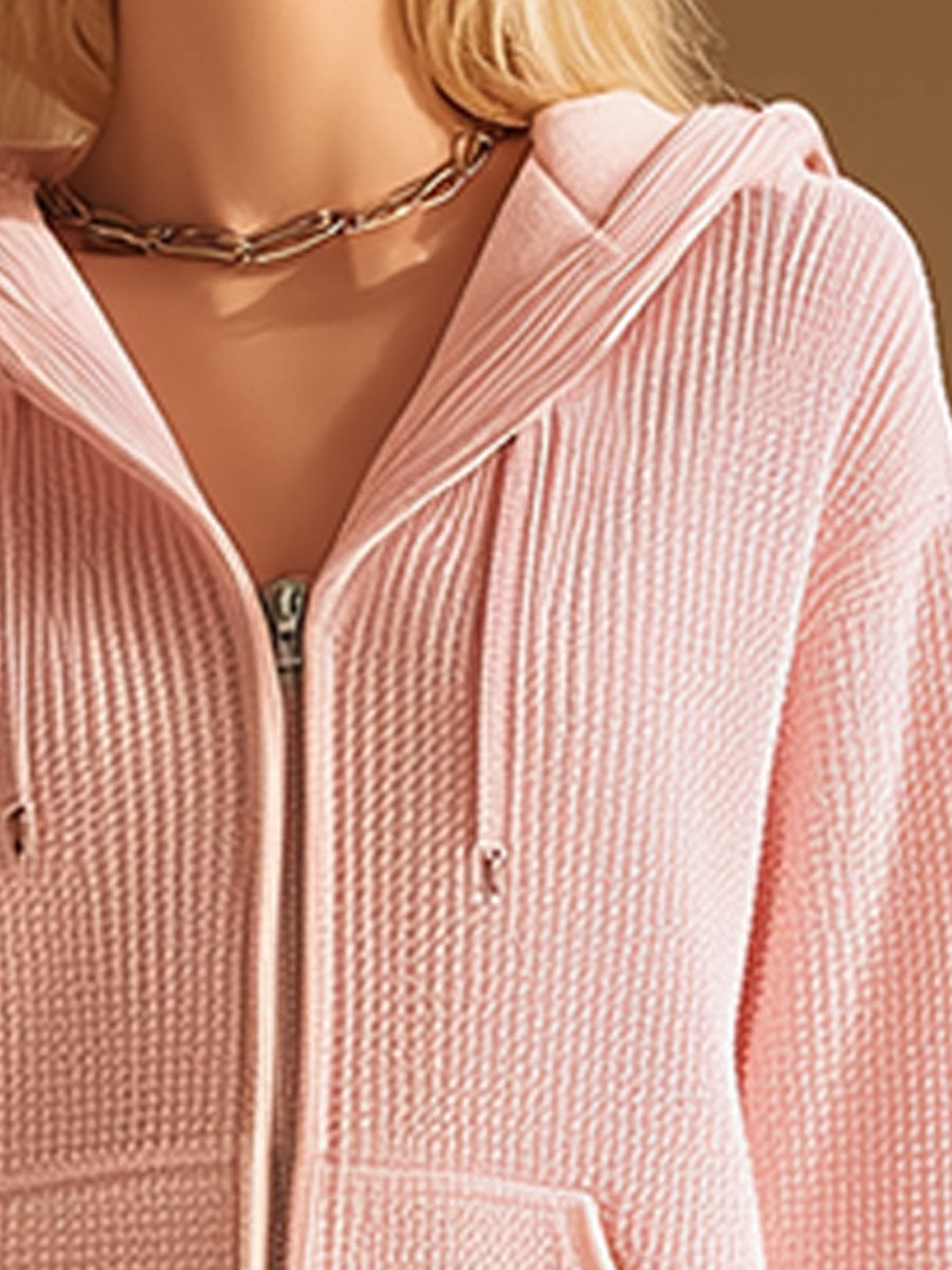 Casual Sporty Pink Hooded Zip-up Waffle-knit Top And Skirt Set
