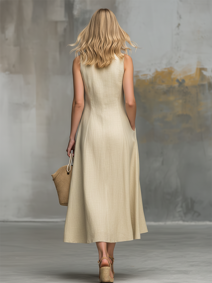 Relaxed And Stylish Lapel And Button Closure Midi Dress
