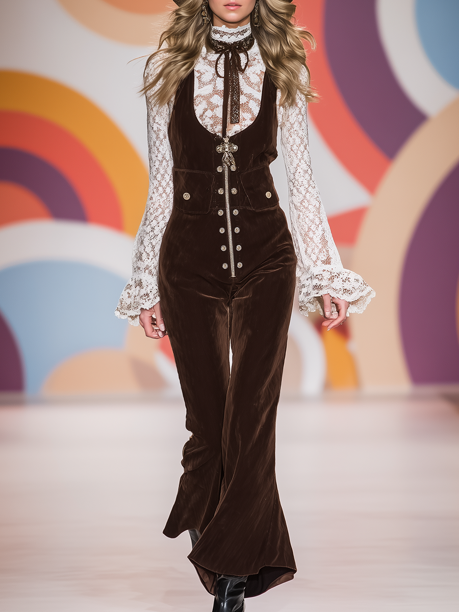 Retro Western Style Brown Corduroy Flared Overalls