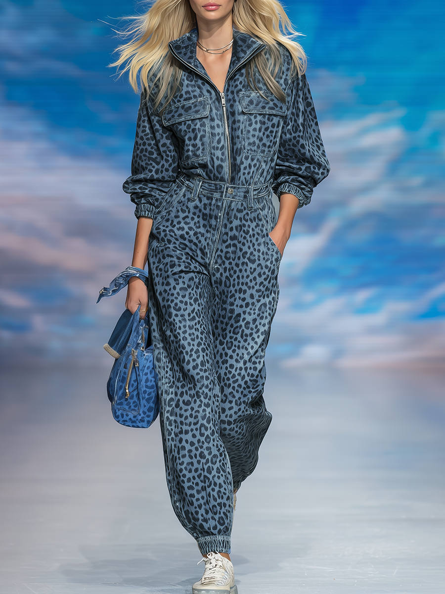 Retro Sporty Leopard Denim Shirt And Pants Set