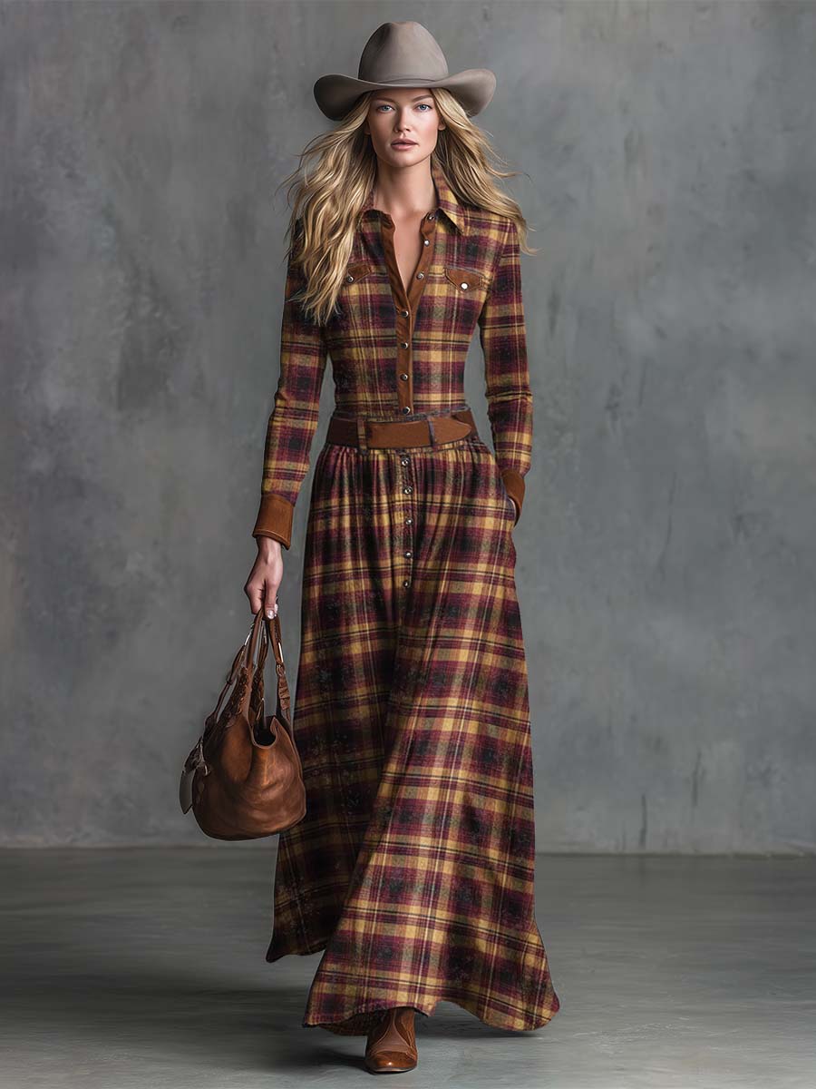 Vintage Western Elegant Lapel Front Button Brown Suede Trim Red Distressed Plaid Maxi Dress