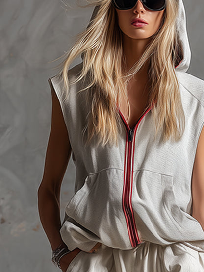 Stylish Sporty Off-white Hooded Sleeveless Top And Wide-leg Pants Set