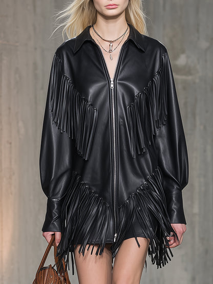 Western-style Faux Leather Zip-up  With Fringe Details Mini Dress
