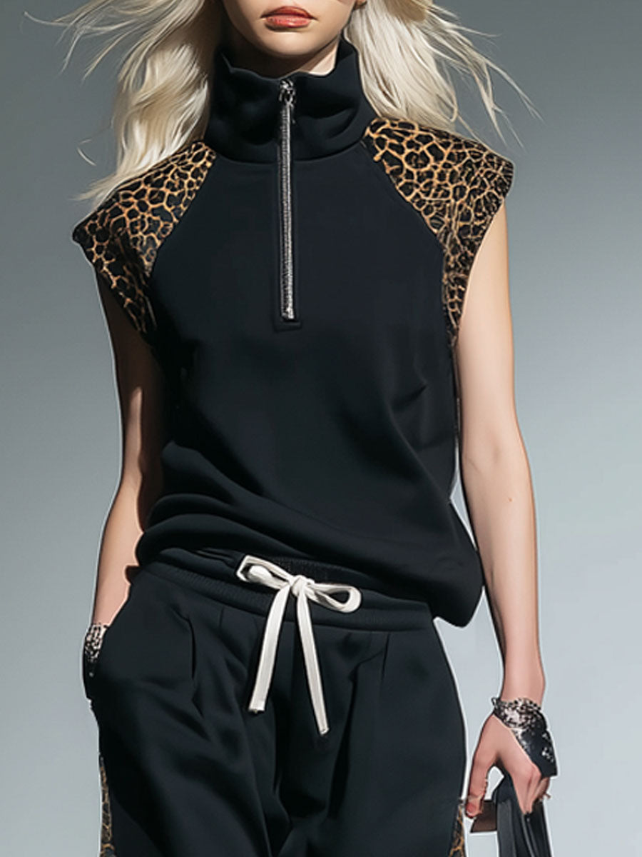 Color-blocked Patchwork Stand-collar Sleeveless Top And Pants Set