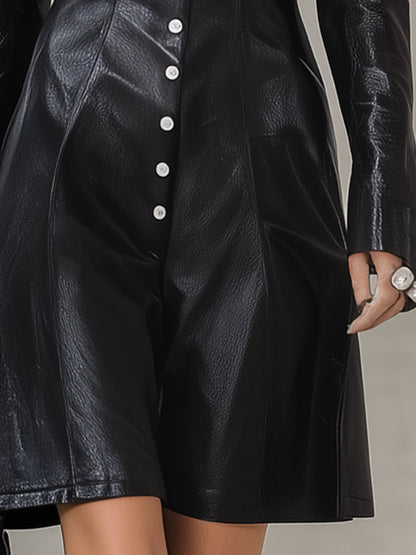 Stylish Black Faux Leather Button-front Long-sleeved Mini Dress