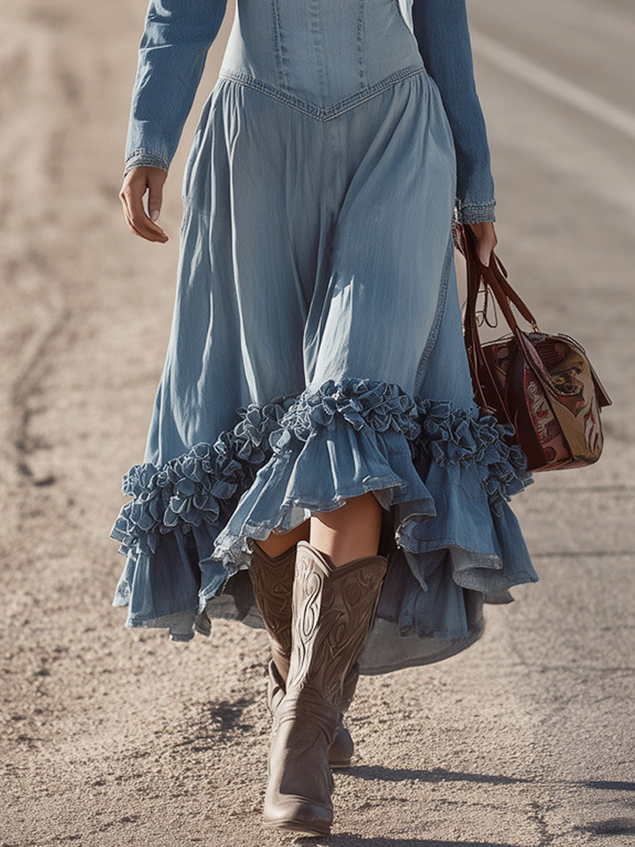Western Retro Square Neck Lace Light Blue Denim Ruffled Long Sleeve Midi Dress