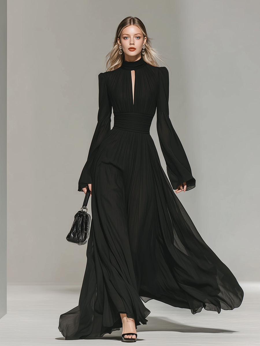 Retro Elegant Stand-up Collar Chiffon Maxi Dress