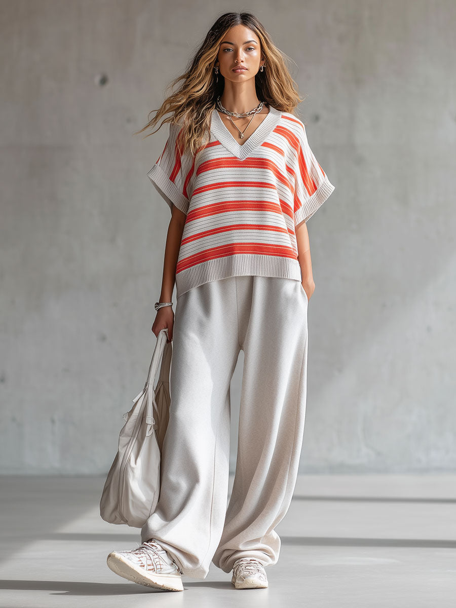 Retro Striped Knit Short-sleeved Shirt And Gray Pants Set