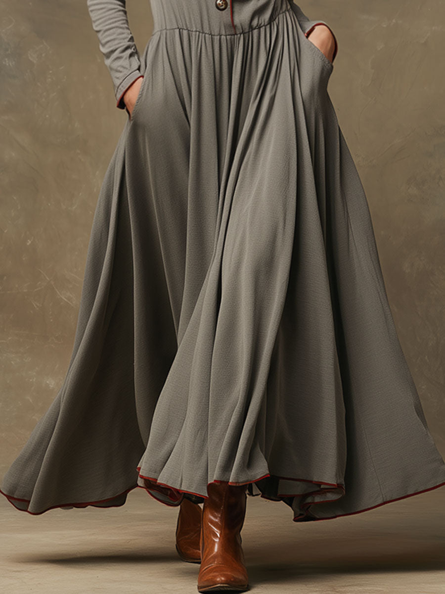 Fashionable Retro-trimmed Long-sleeved Grey Knit Cotton Pleated Maxi Dress