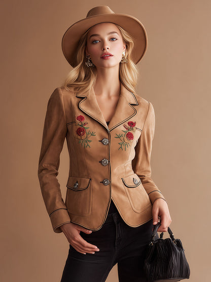 Vintage Western-style Embroidered Brown Lapel Faux Suede Blazer