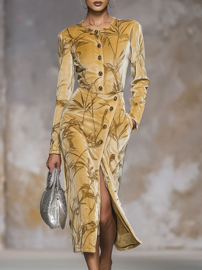 Retro Leaf Print Round Neck Velvet Button Midi Dress