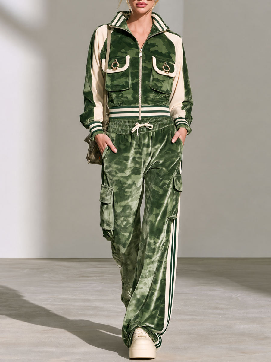 Stylish Retro Green Camouflage Velvet Print Jacket And Pants Set
