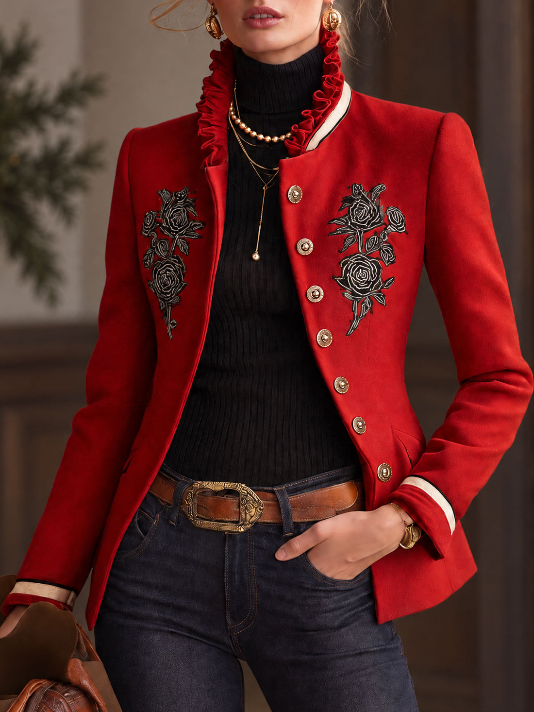 Ruffled Stand-up Collar Single-breasted Rose Embroidered Jacket