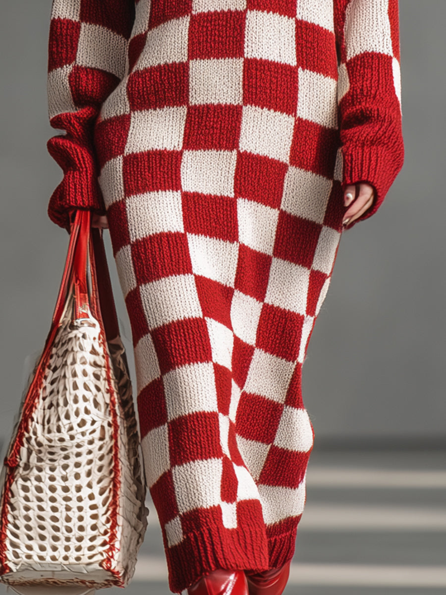 Elegant Red And White Checkered Knit Midi Dress