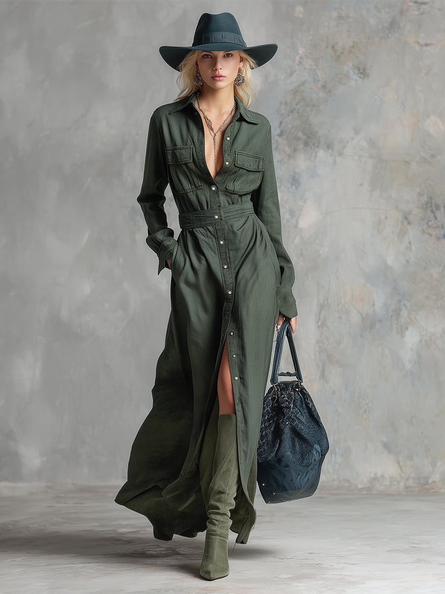 Retro-elegant Dark Green Lapel Button-down Maxi Dress