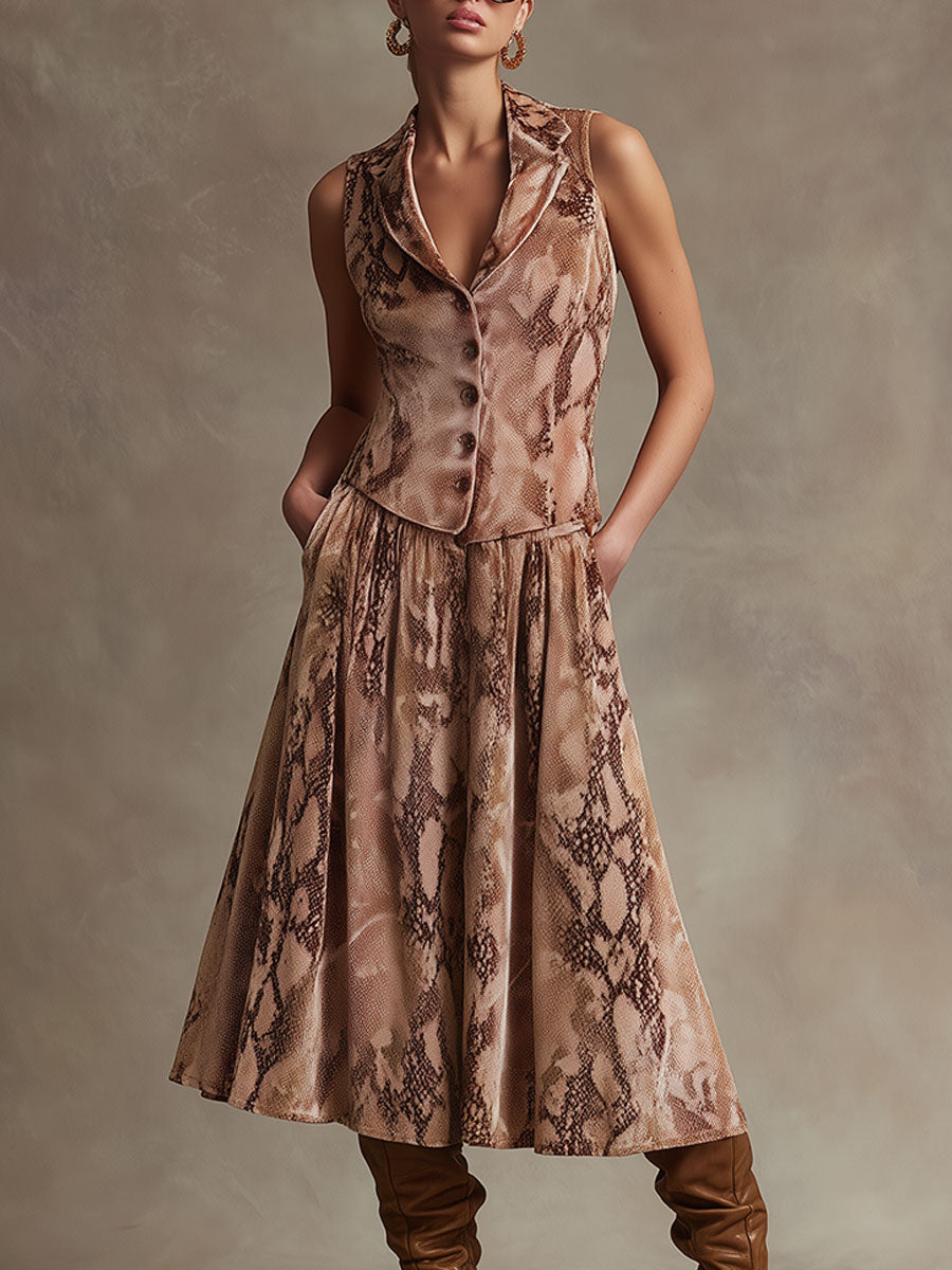 Stylish Retro Pink-brown Snakeskin Print Velvet Vest And Skirt Set