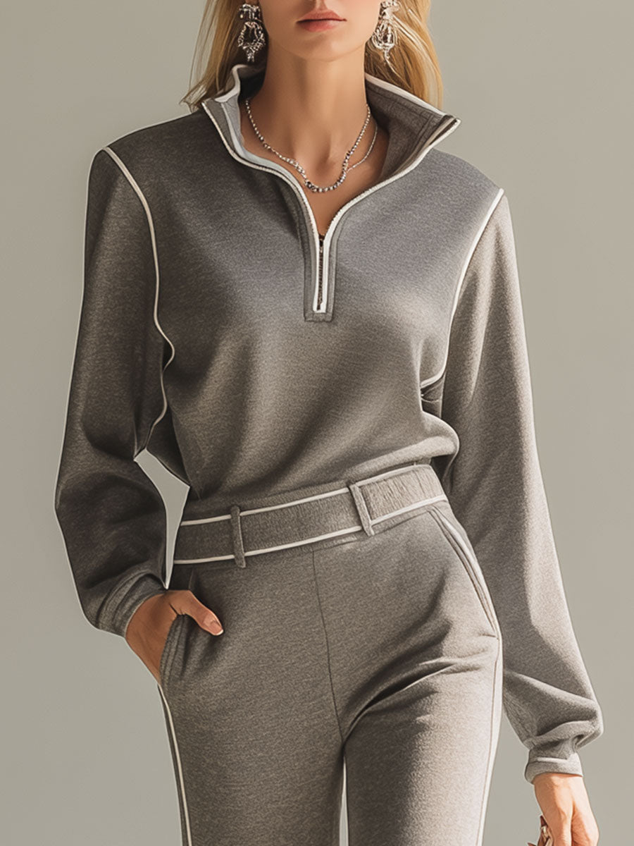 Casual Sports Grey Half-zip Top And Trousers Set