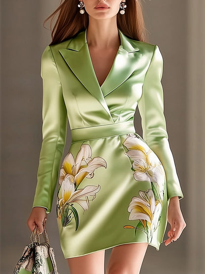 Fashionable and Elegant V-neck Saga Green Satin Printed Mini Dress