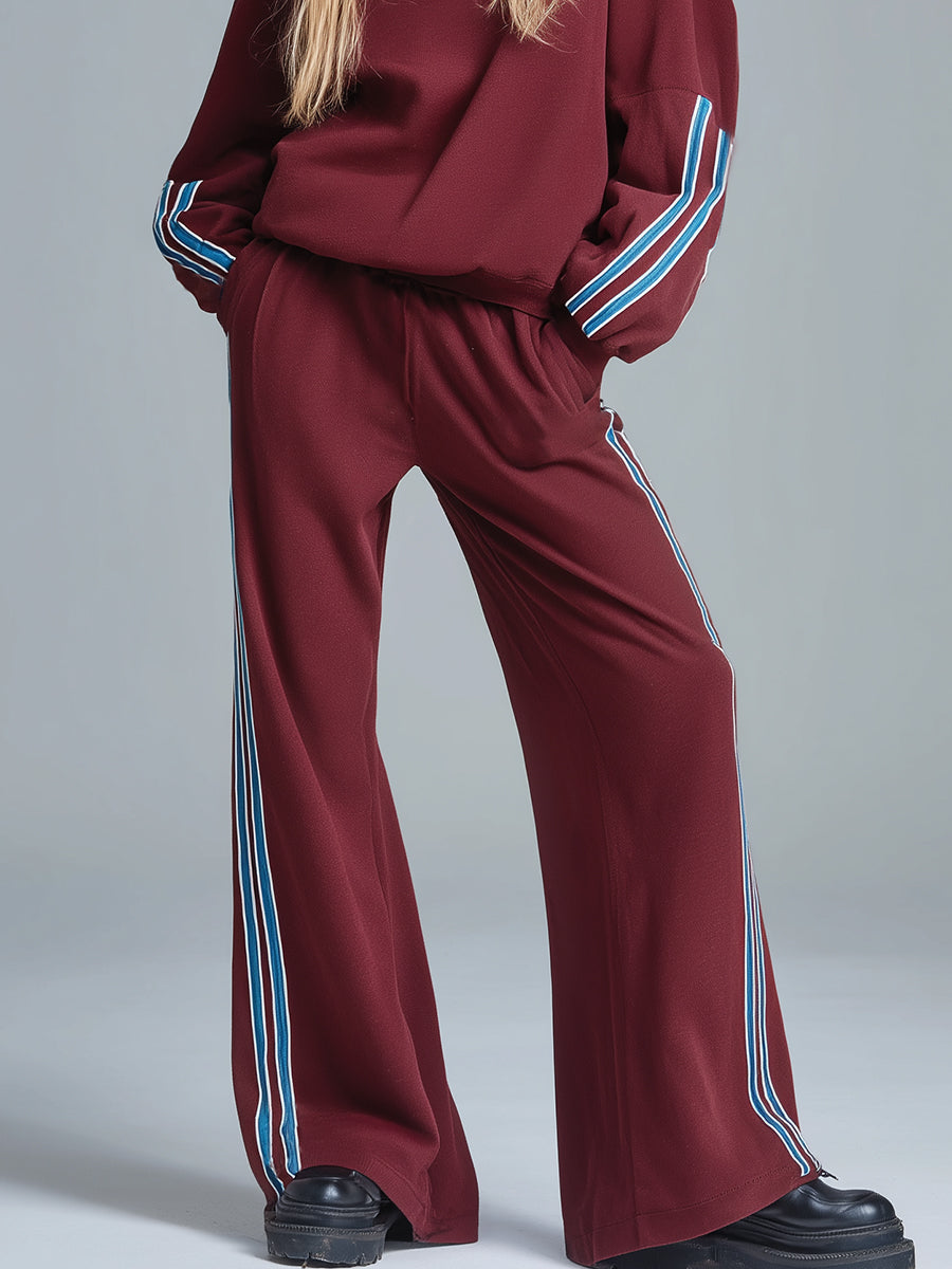 Retro Sporty Stand-up Collar Zip-up Burgundy Sweatshirt And Pants Set