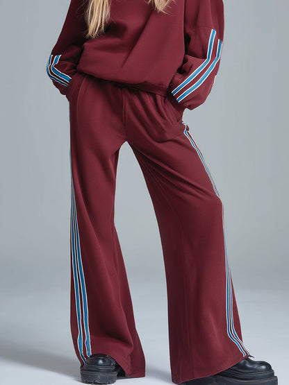 Retro Sporty Stand-up Collar Zip-up Burgundy Sweatshirt And Pants Set