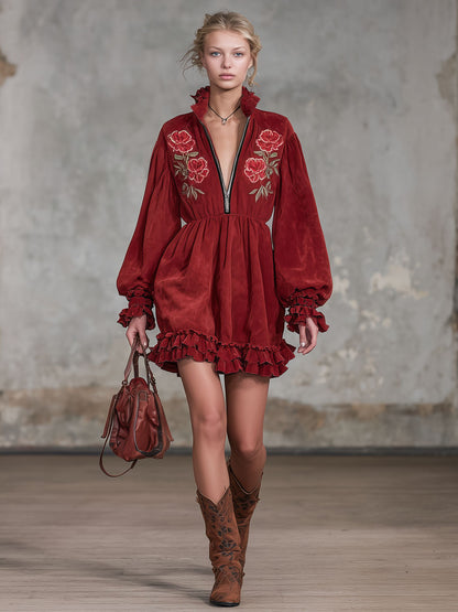 Ruffled Trim Zippered Floral Embroidered Faux Suede Long-sleeved Mini Dress