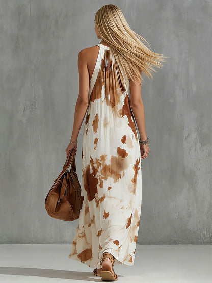 Vintage Brown Cow Print White Chiffon Sleeveless Maxi Dress