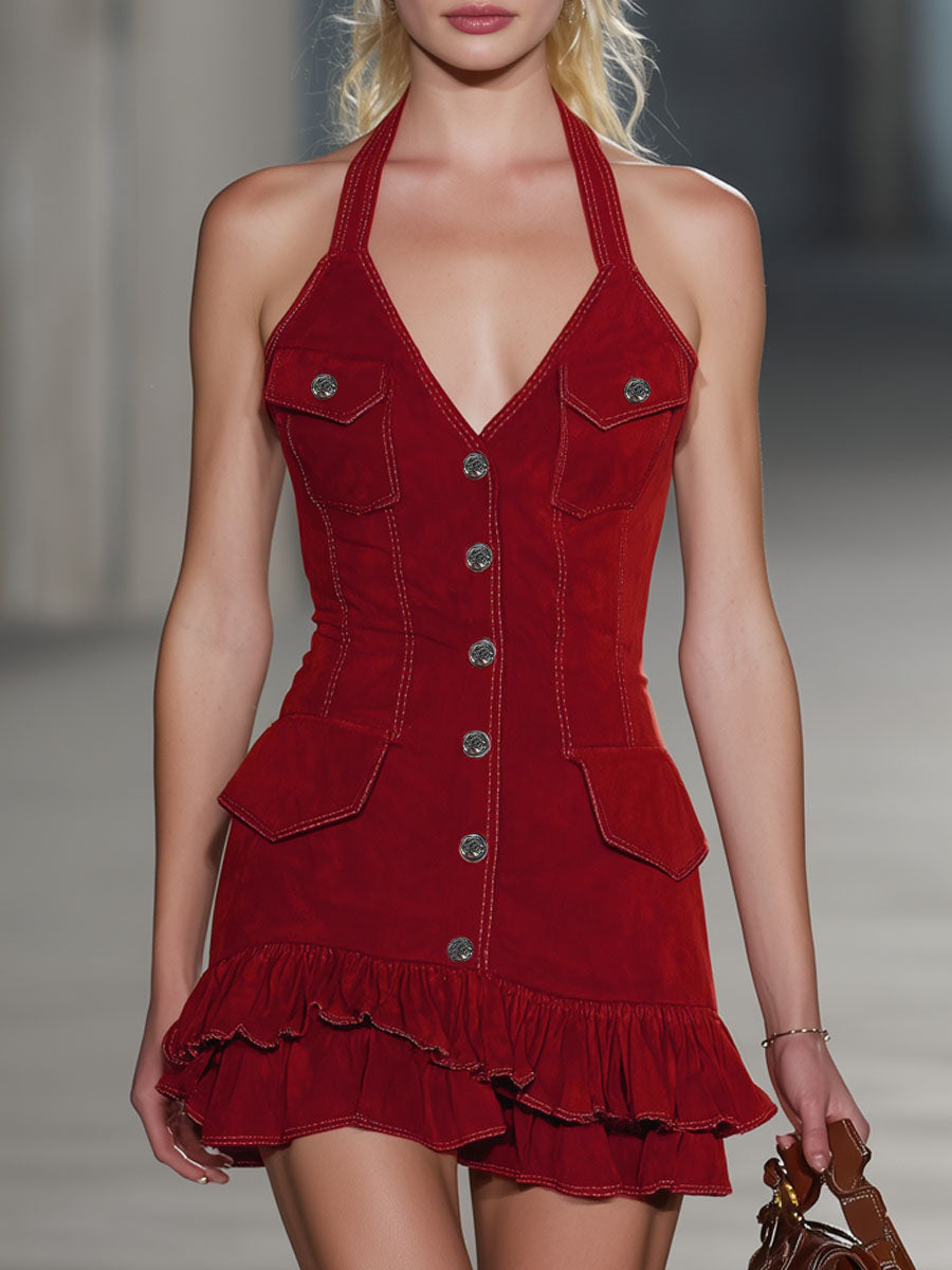 Western Style Halter Neck V-neck Button-down Ruffled Faux Suede Sleeveless Mini Dress
