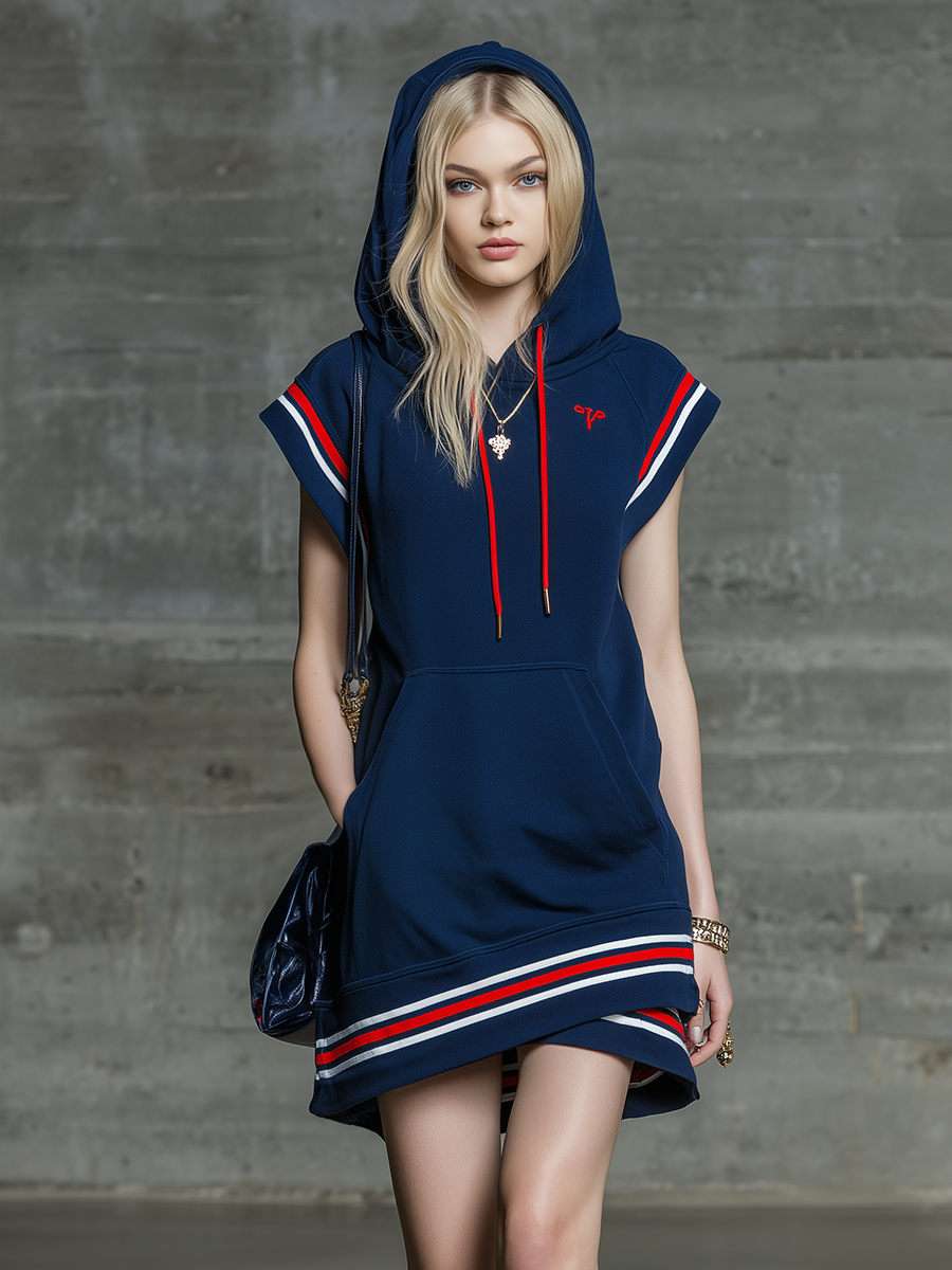 Retro Sporty Sleeveless Color-blocked Striped Hooded Mini Dress